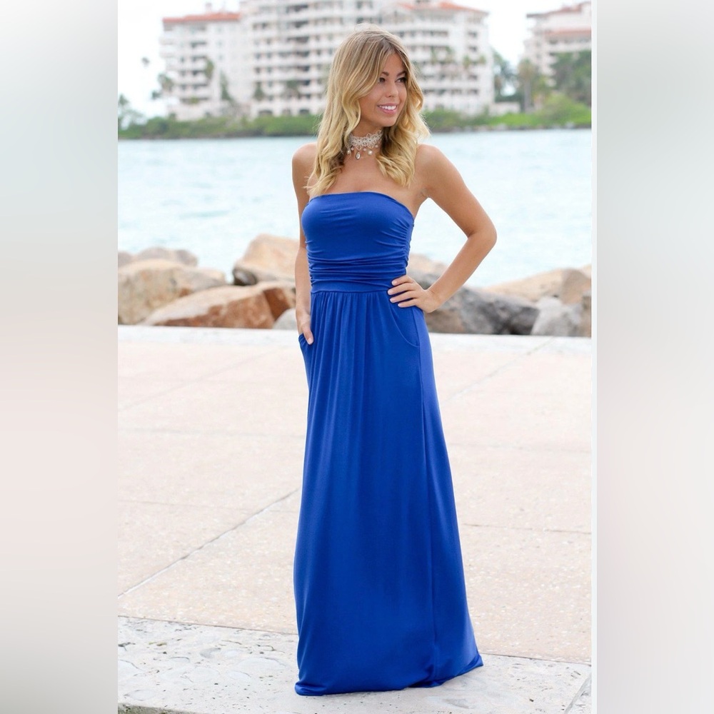 Vanilla Bay Blue Maxi Dress Ruched Cocktail Sz M EUC Boho Fairy Festival Resort